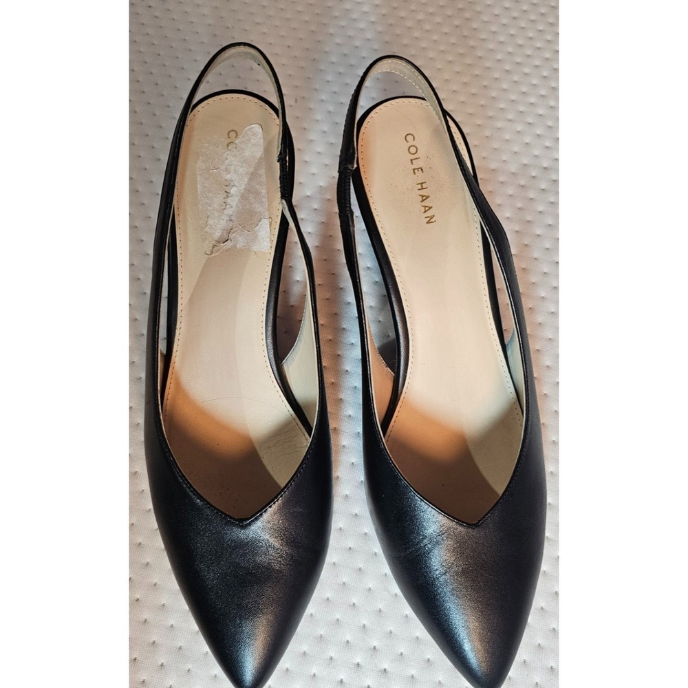 Cole Haan Size 9 Elnora Slingback Wedge Black Leather Pump 3.5" Heel Pointed Toe